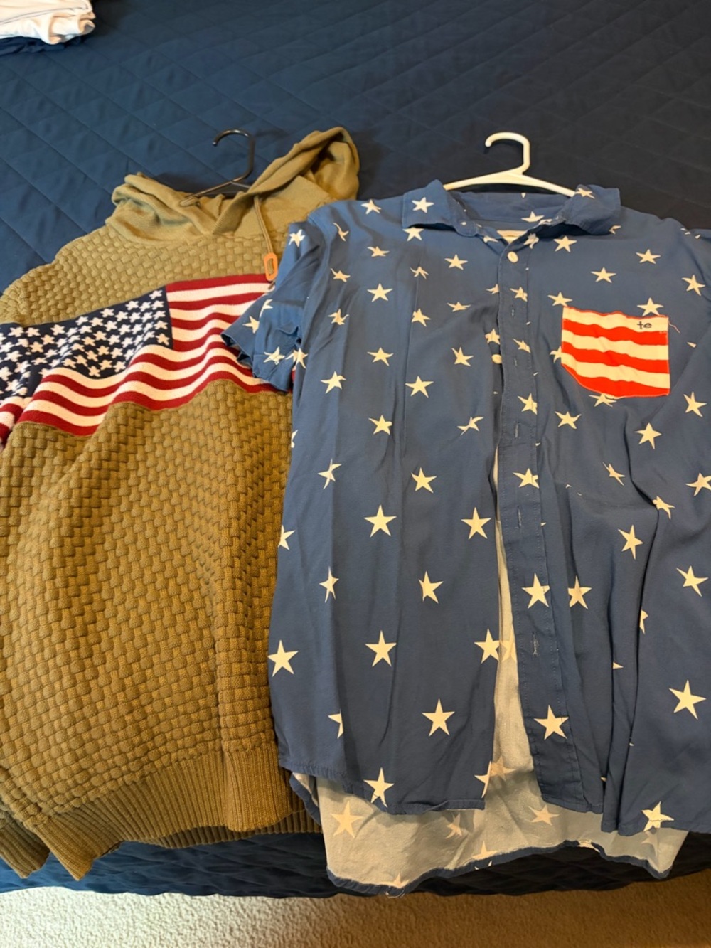 Stars and Stripes Button-Up Shirt and Flag Accent Hoodie - Blue & Olive